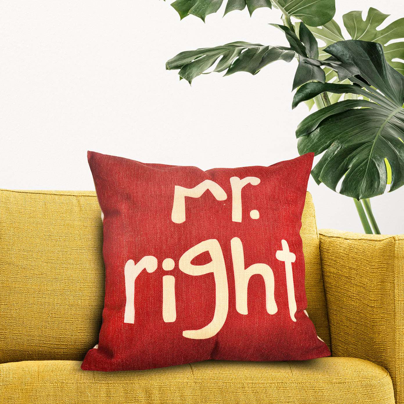 Decorative pillow cover featuring the phrase "Mr. Right" in elegant typography on a soft fabric background.