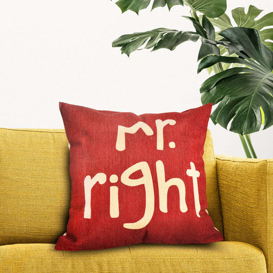 Decorative pillow cover featuring the phrase "Mr. Right" in elegant typography on a soft fabric background.