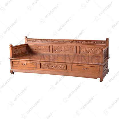 A wooden bench featuring a seat and drawers for storage, showcasing a natural finish and simple design.