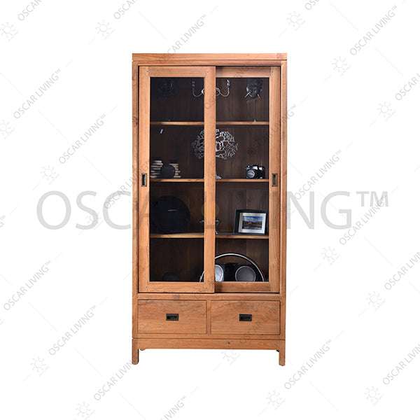 A wooden cabinet featuring glass doors and shelves, showcasing its elegant design and storage capabilities.