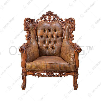 Ornate chair upholstered in rich brown leather, showcasing intricate detailing and elegant design.